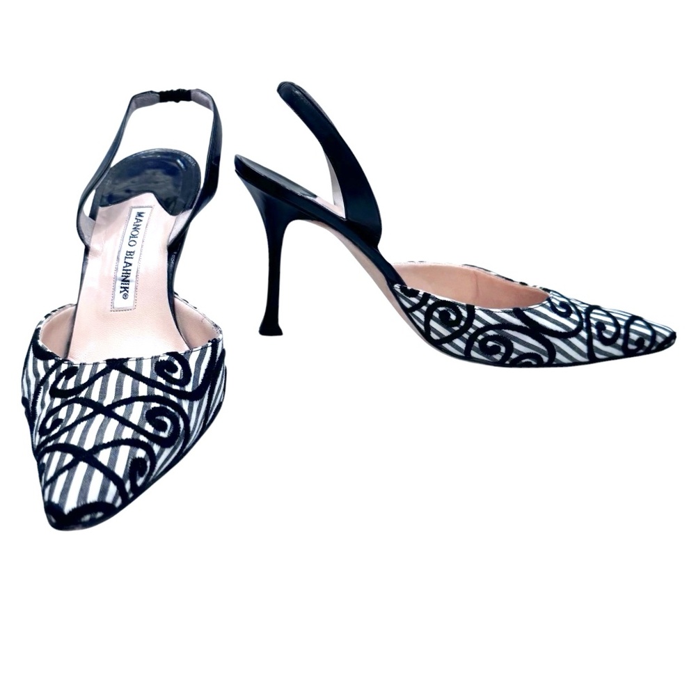 MANOLO BLAHNIK CAROLYNE SLING BACK BLACK & WHITE STRIPES W BLACK VELVET SWIRLS